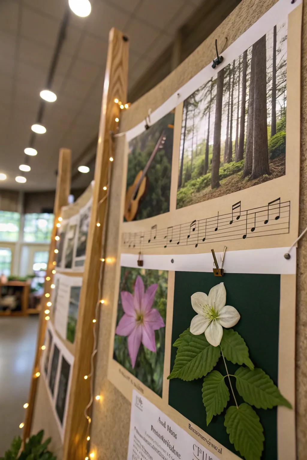 A serene bulletin board fusing melody with nature themes.