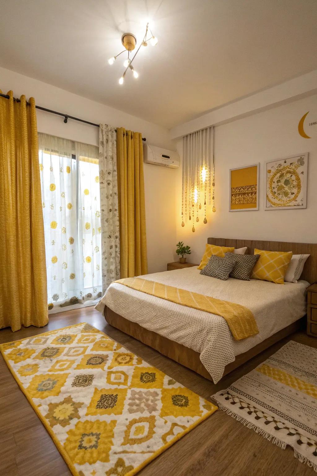 A bedroom using fun yellow designed area rugs and drapes.