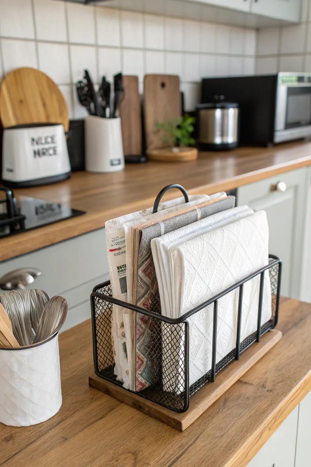 Periodical racks creatively repurposed to neatly organize napkins.