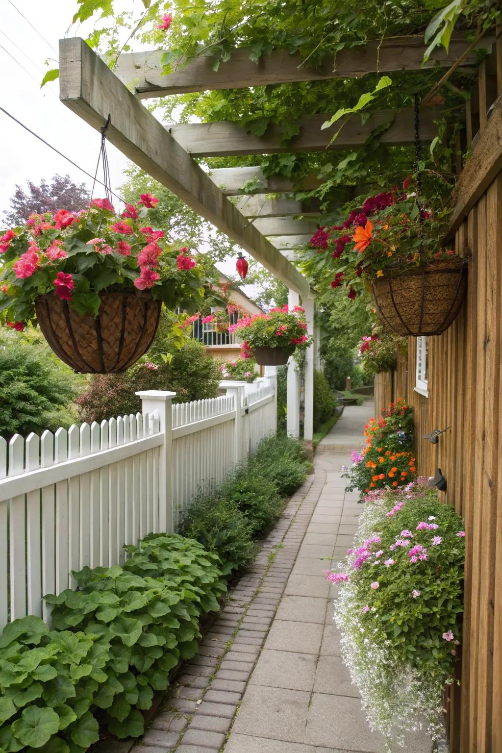 Suspending containers include lavish greenery to a slim garden.