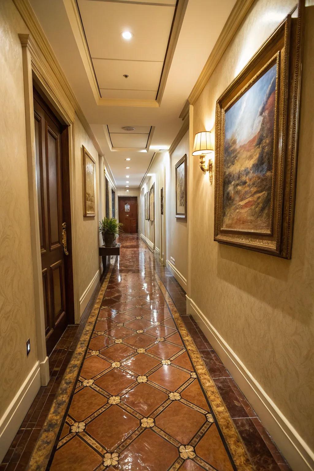 Animal skin tiles offer a luxurious and durable flooring option for narrow hallways.