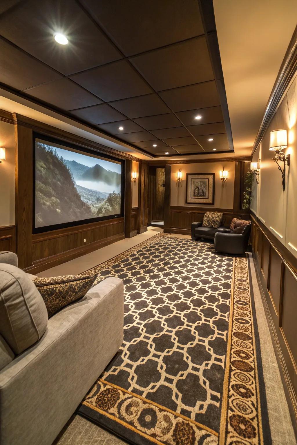 A bold rug can hold down and show off your theater area.
