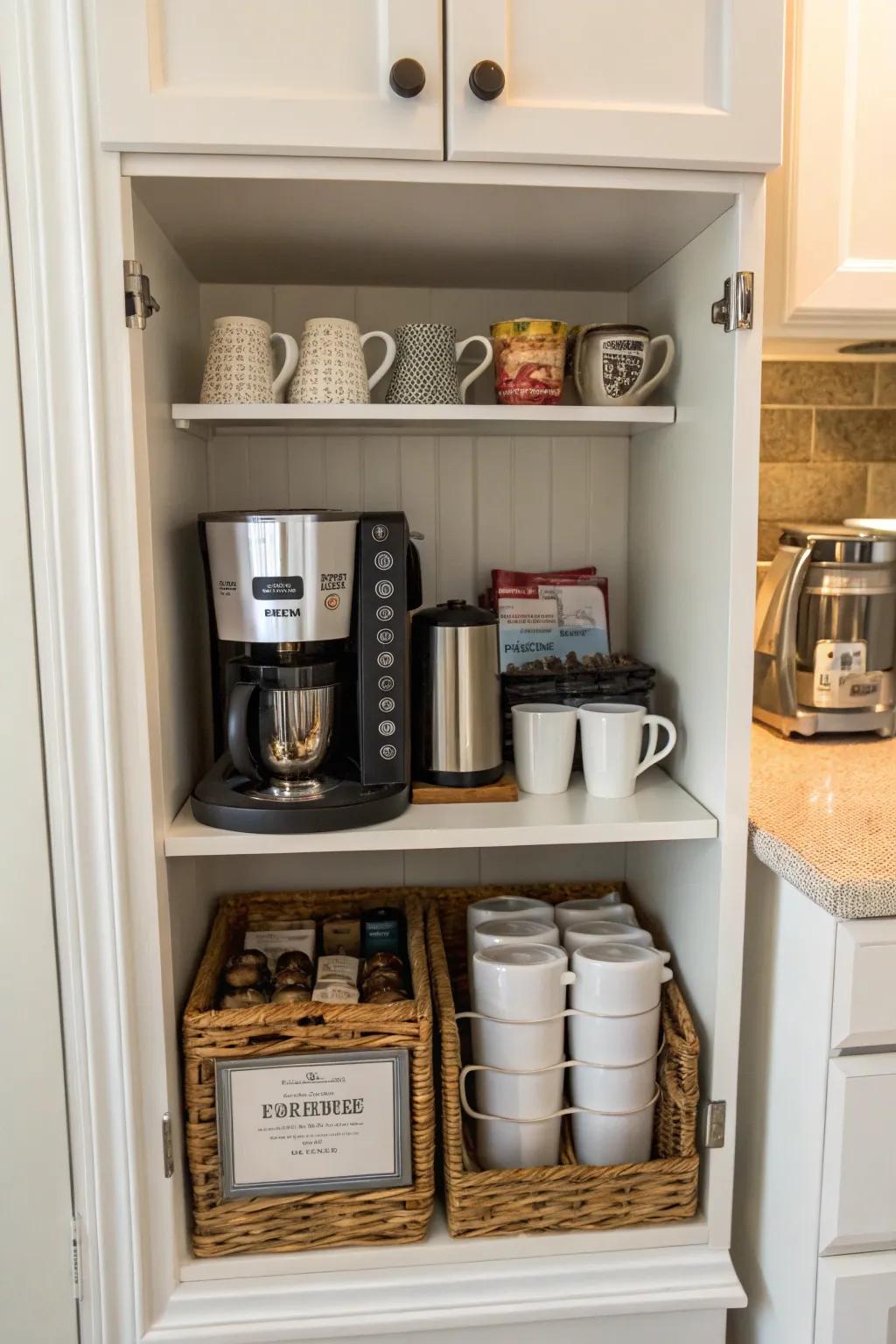A slim cabinet serving as a convenient mini coffee bar.