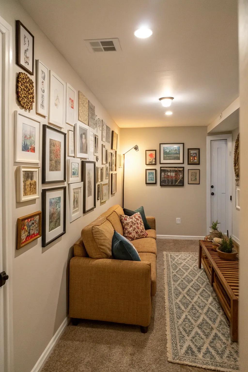 A gallery wall contributing character into a slender living space.