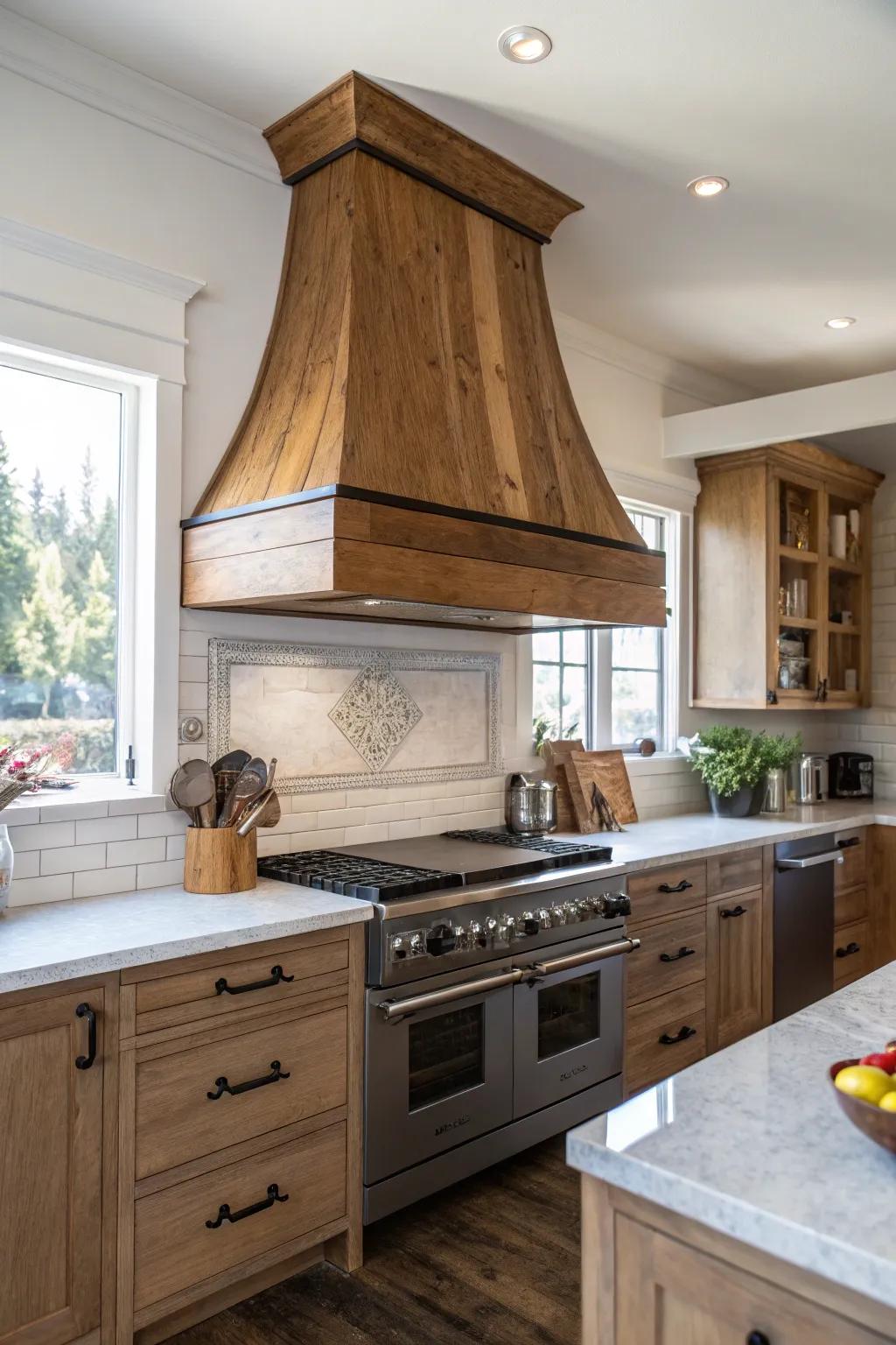 A timber oven hood that blends functionality with flair.