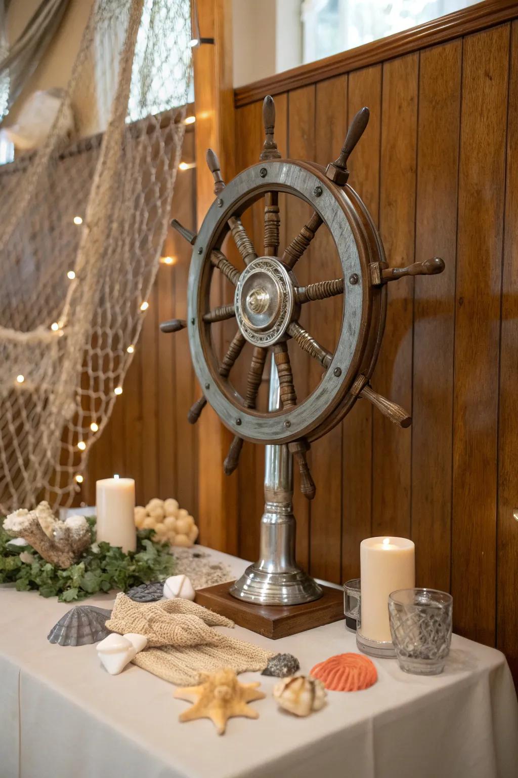 A helm centerpiece grounds the theme.