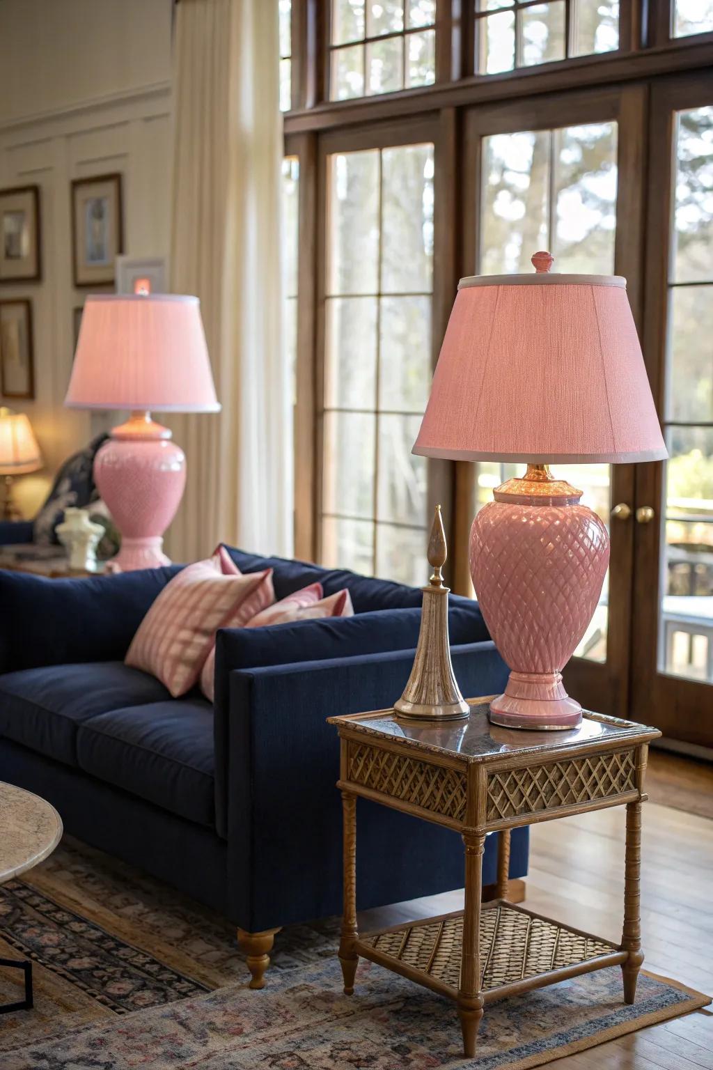 Pink lamps provide a colorful accent in the living room.