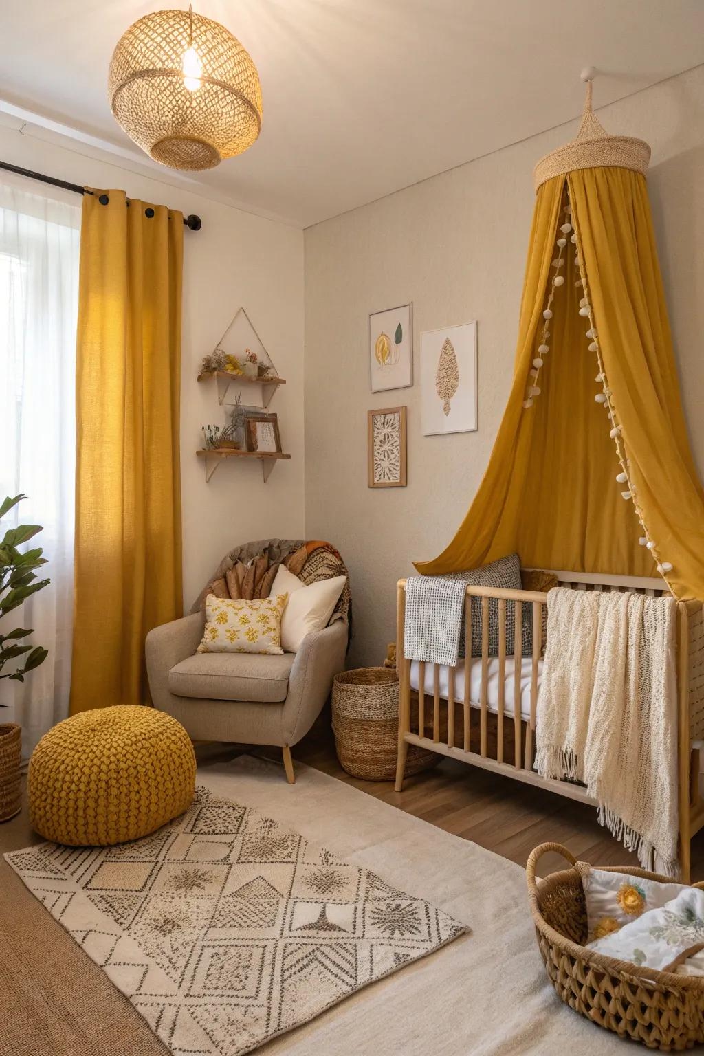 A nursery with muted mustard accents.