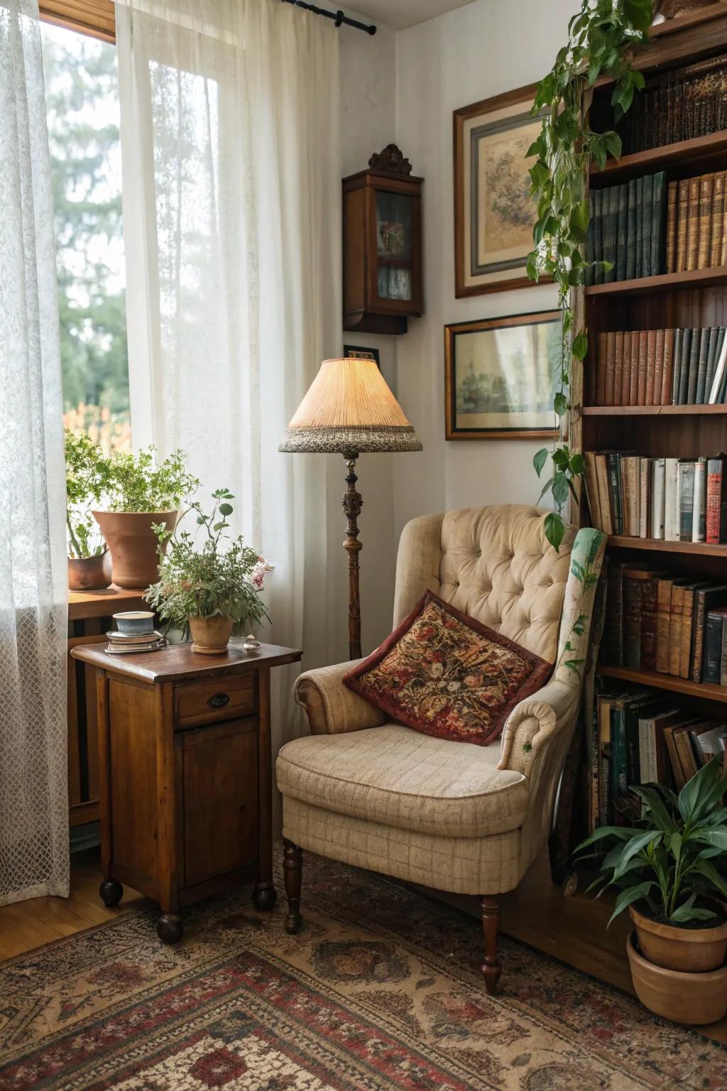 A character-filled nook featuring vintage finds that tell a story.