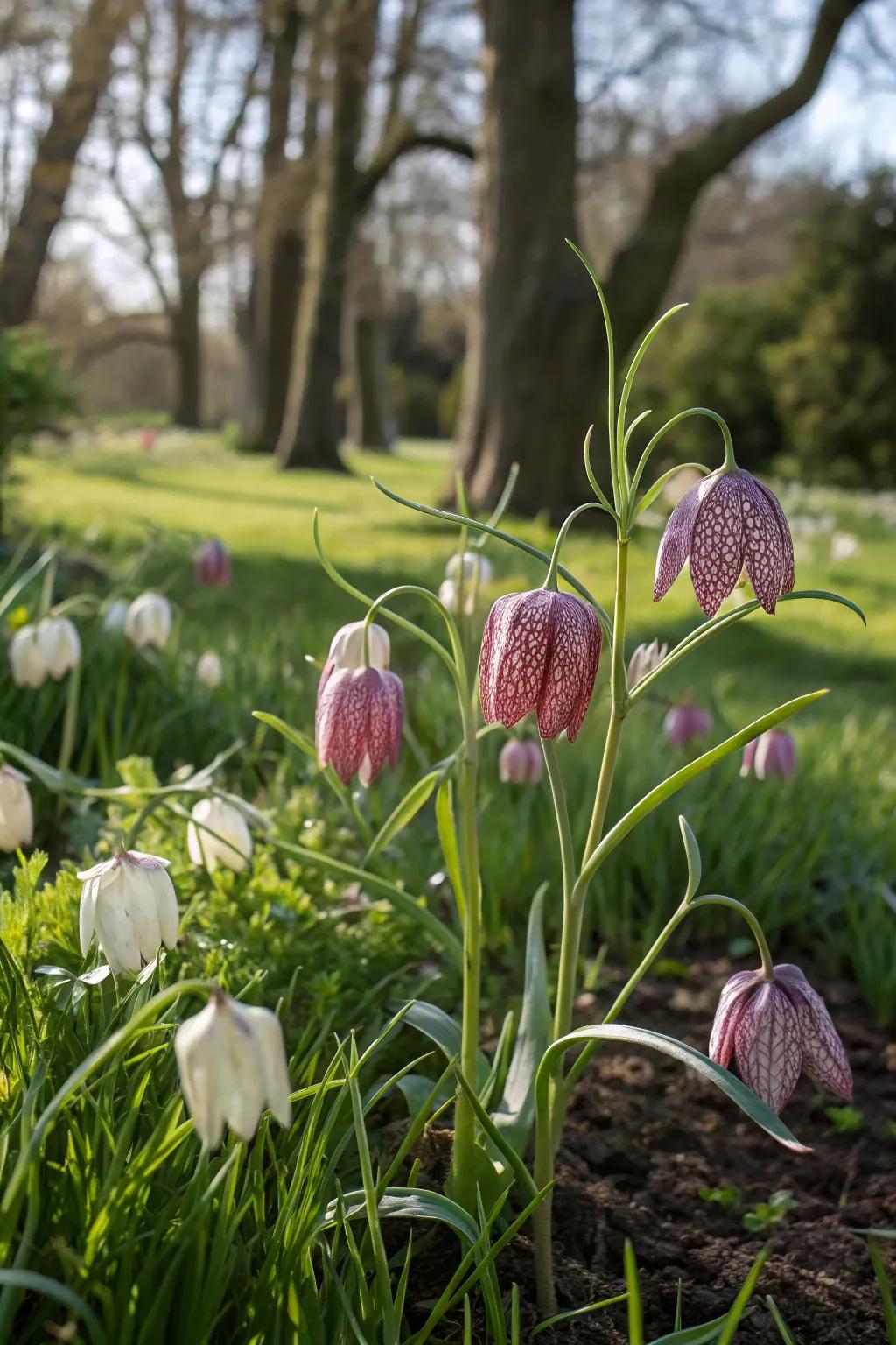 Snake's Head Fritillary offers unique blooms with its checkered pattern.