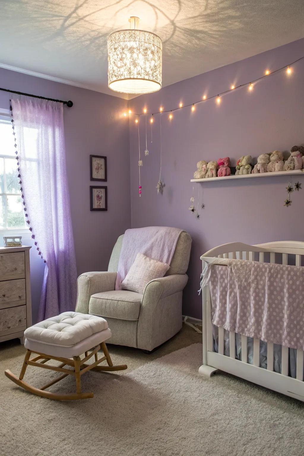 A relaxing nursery featuring lavender tones.