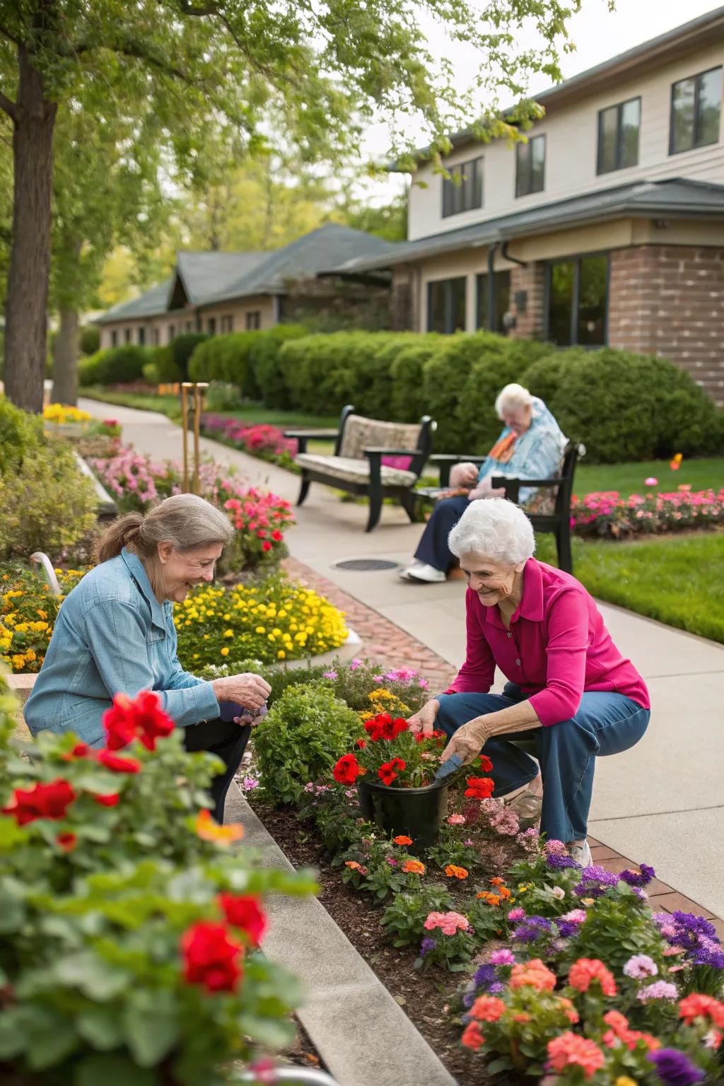 Residents planting flowers that symbolize love in the garden.