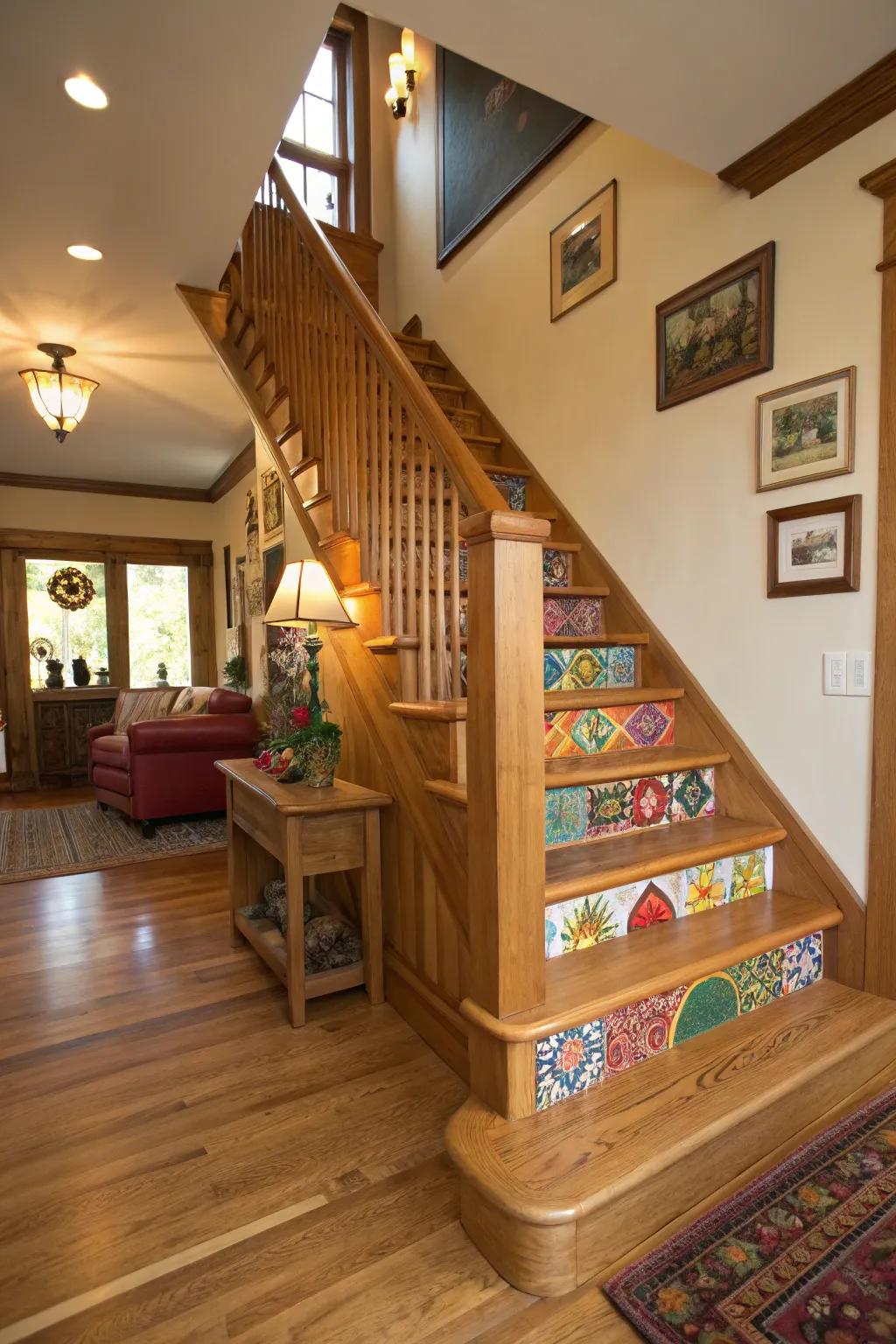 Highlight colors adding a lively touch to an oak staircase.