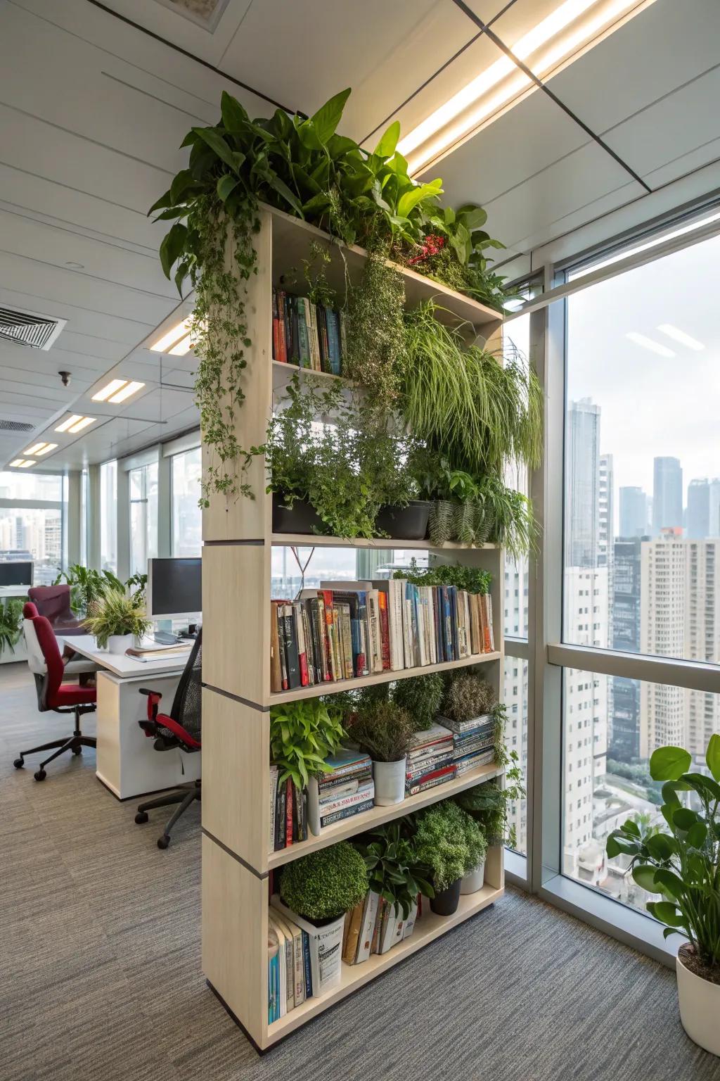 A multi-tiered flora and literature display injects lushness and accessibility.
