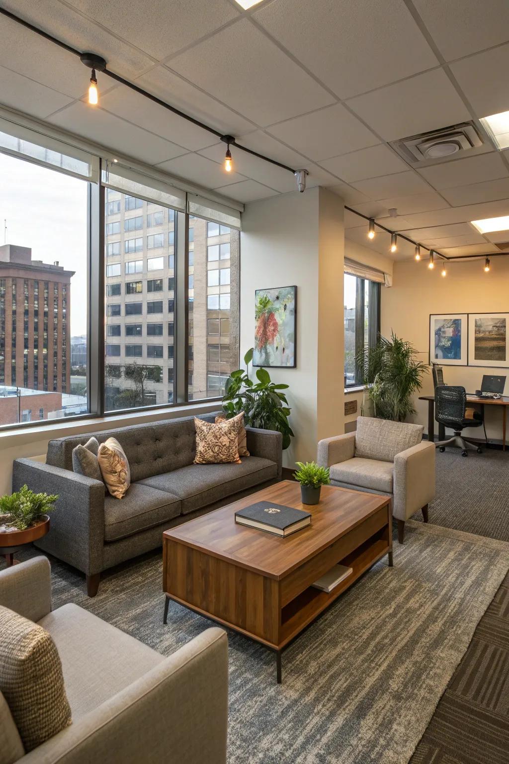 A combined design approach offering a cozy and inviting office atmosphere.