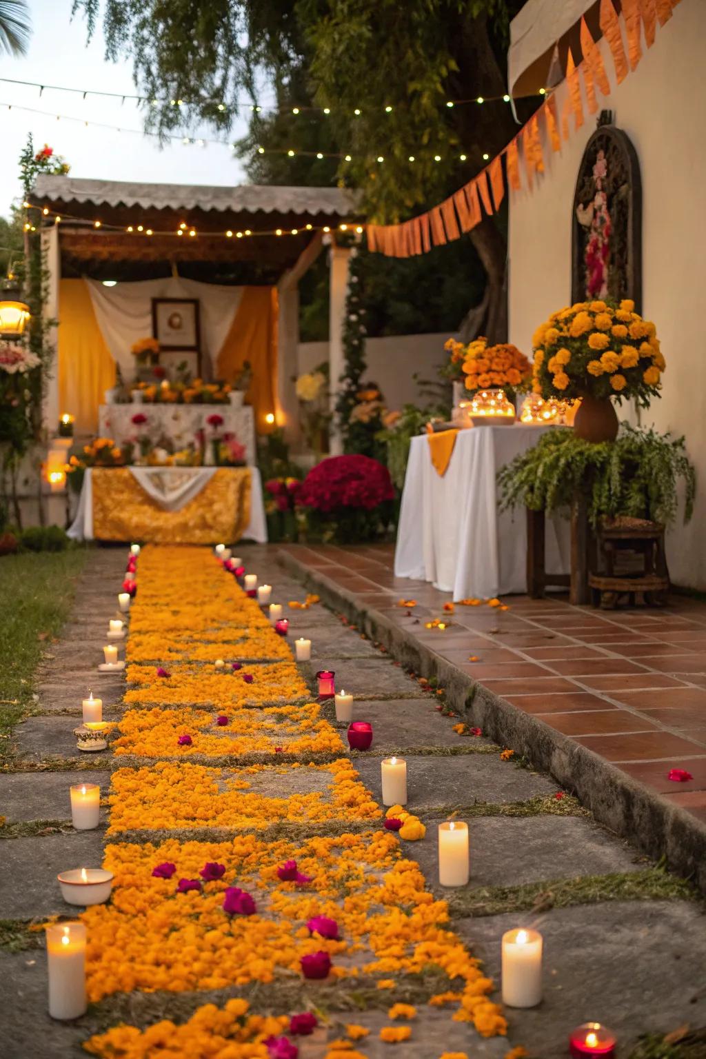 A route of flower petals directs spirits to your inviting ofrenda.
