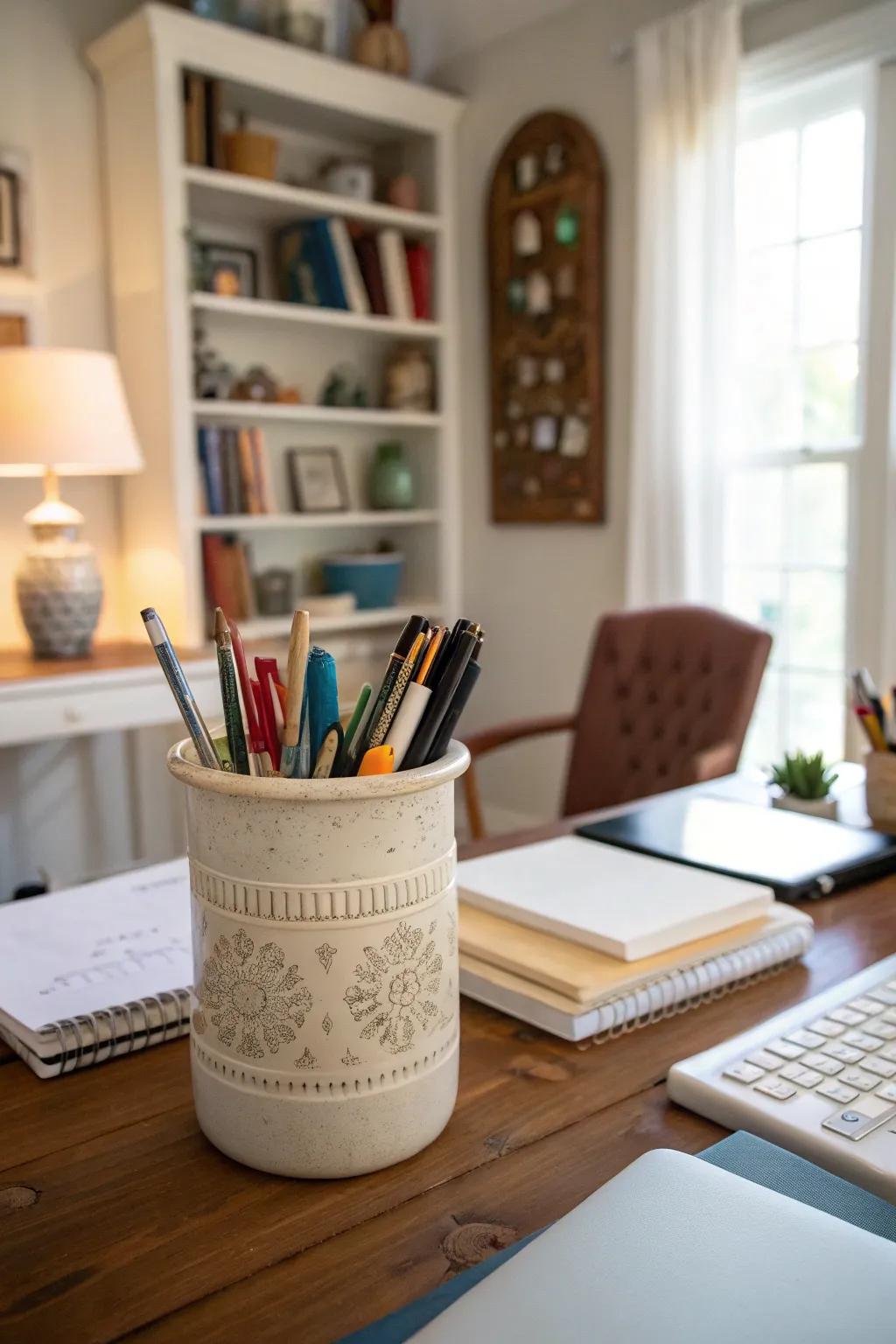 Organize your office materials with a chic vessel caddy.