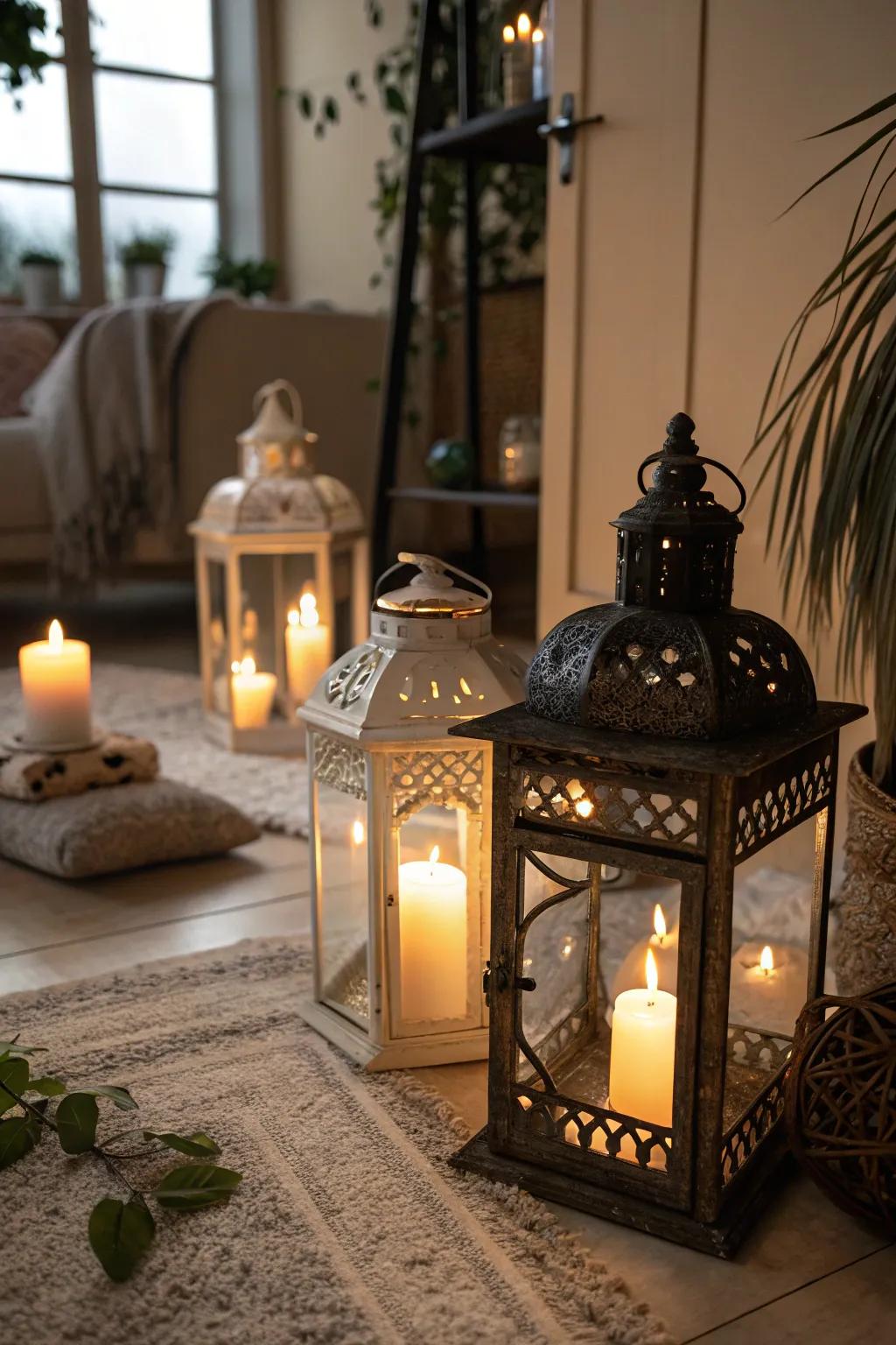 Old-world lanterns create a magical and mystical holiday gleam.