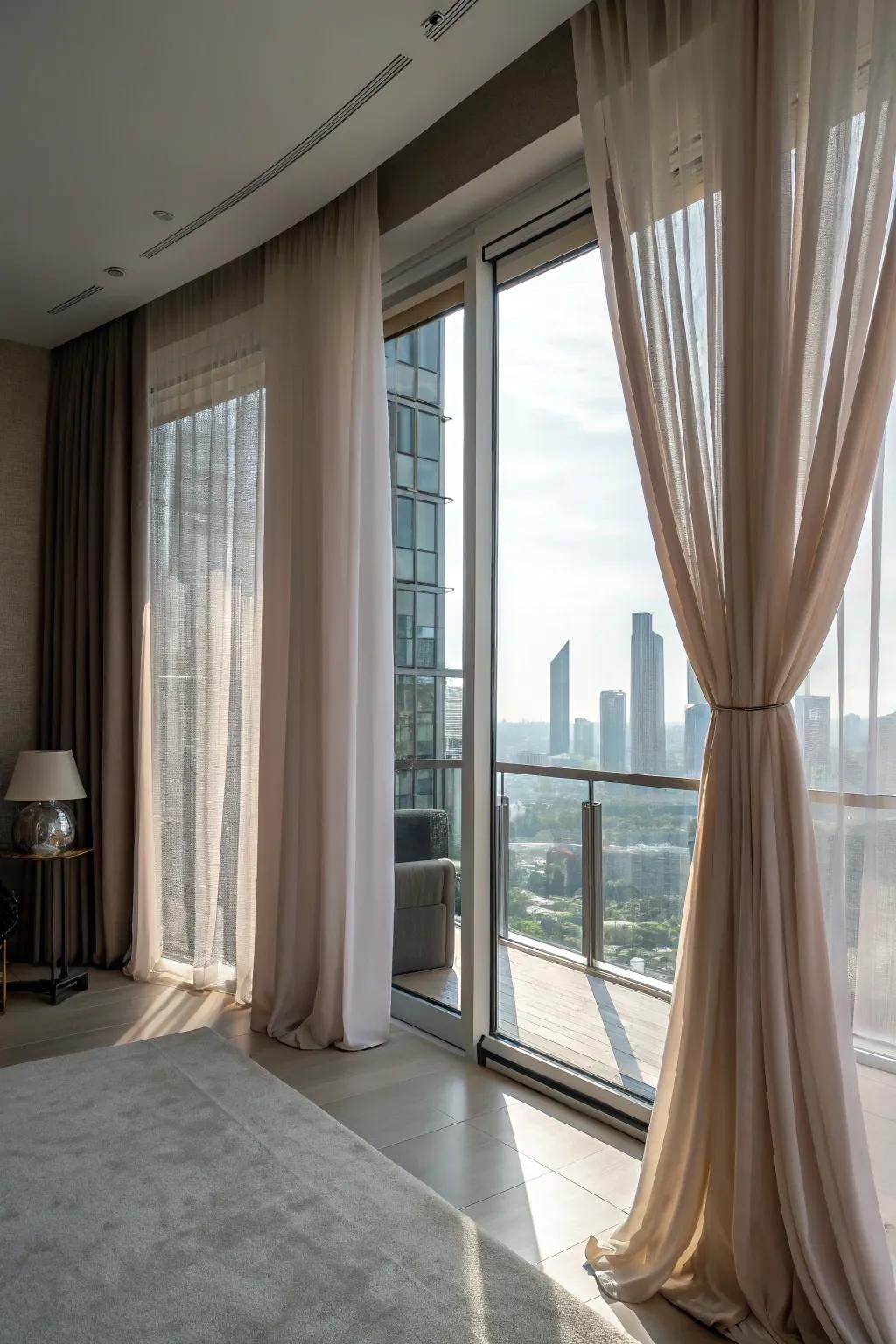 Floor-to-ceiling curtains enhance height and introduce drama.