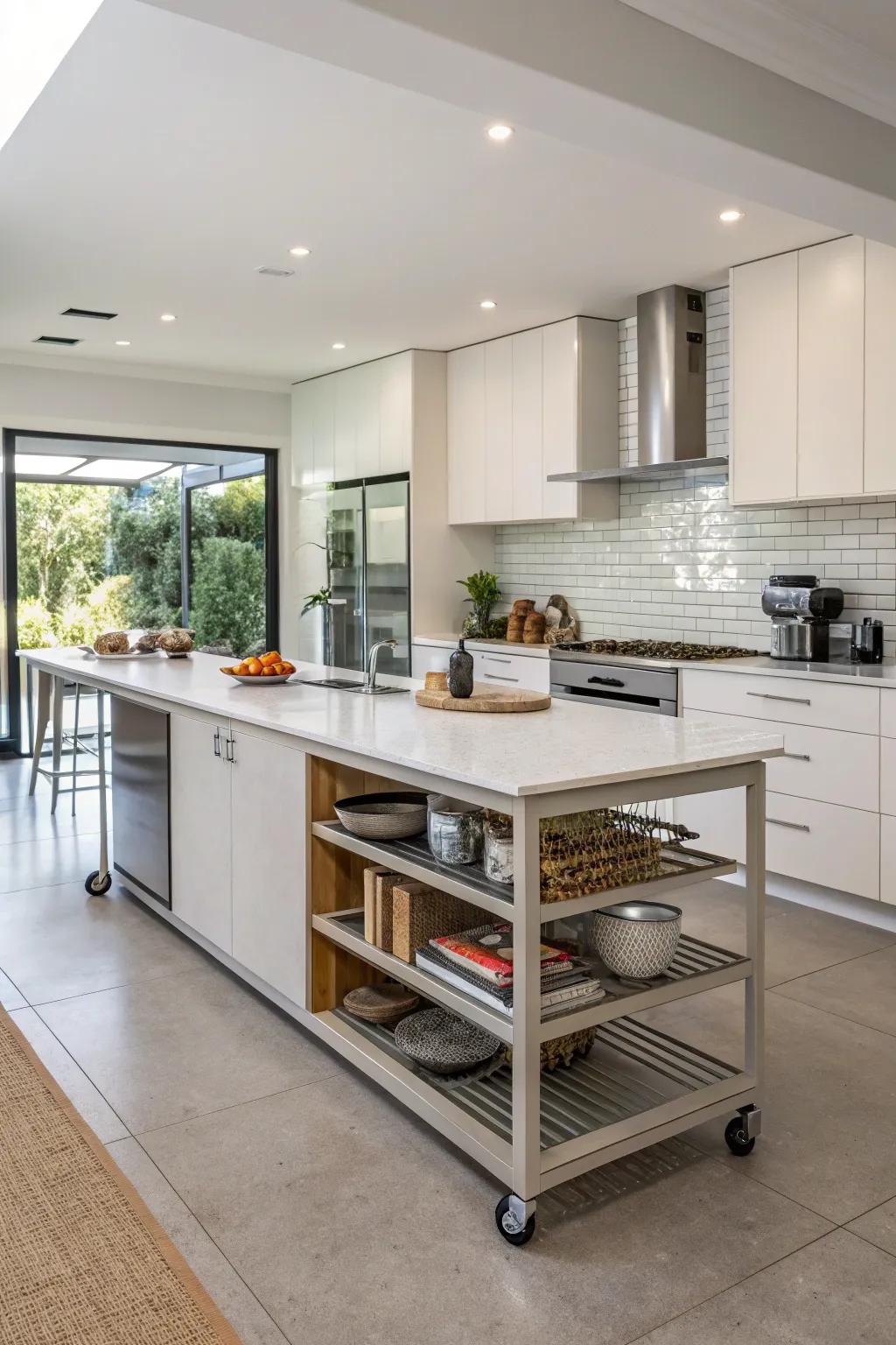 A movable island offers versatility and adaptability in kitchen planning.