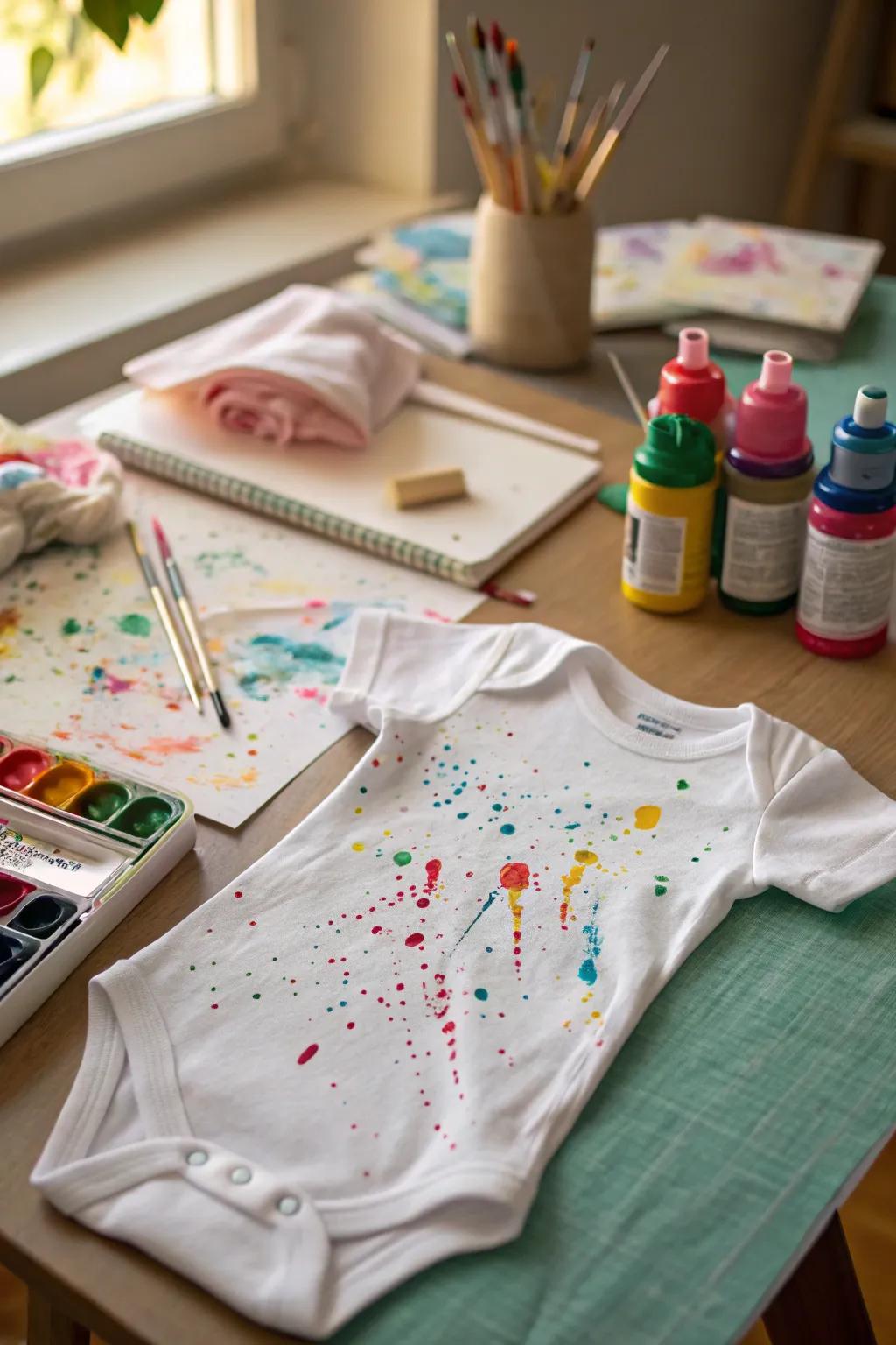 An artistic onesie featuring a vibrant color spray design.