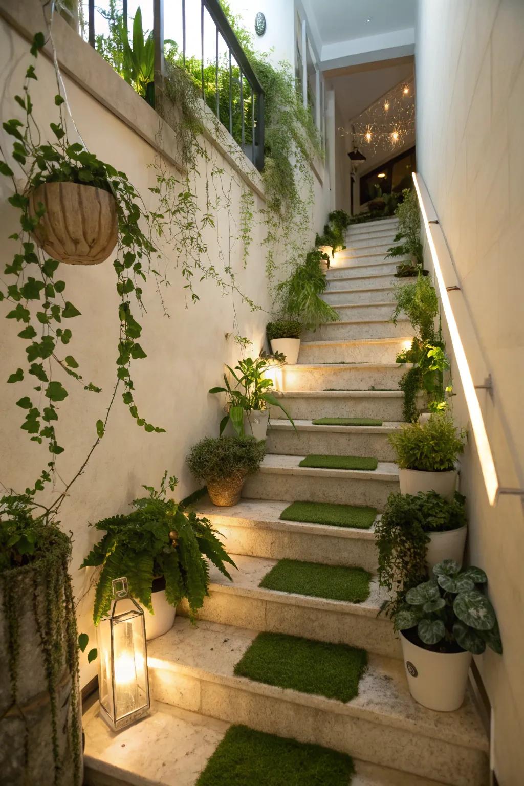 Trailing flora around the staircase inject natural beauty.