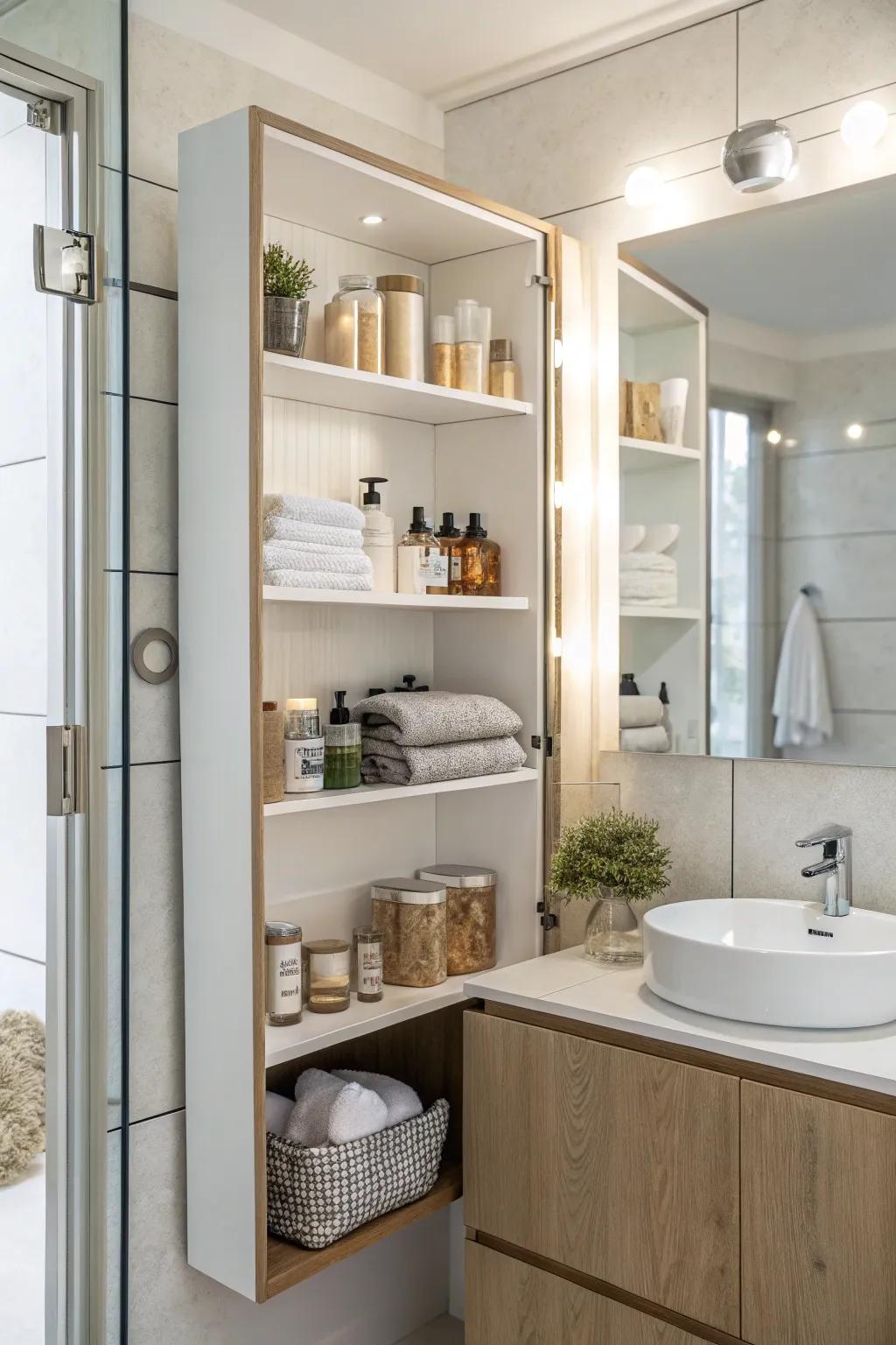 Mirrors enhance the sensation of space on open bathroom racks.