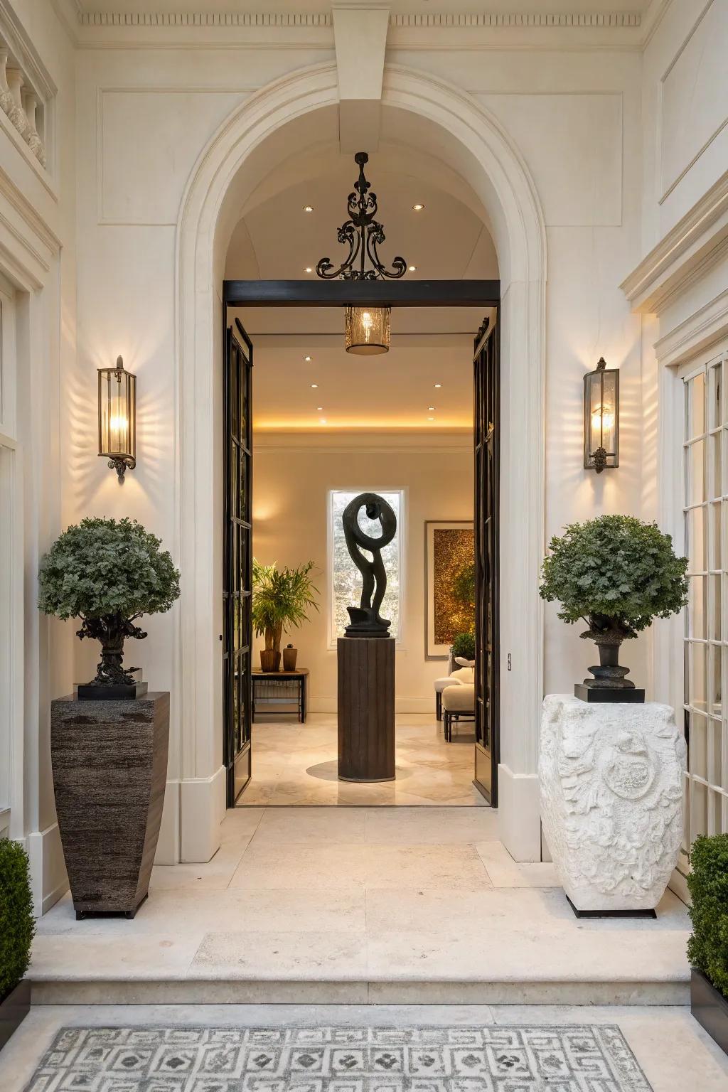 A focal element inside an entrance creates a focal point and sets the design tone.
