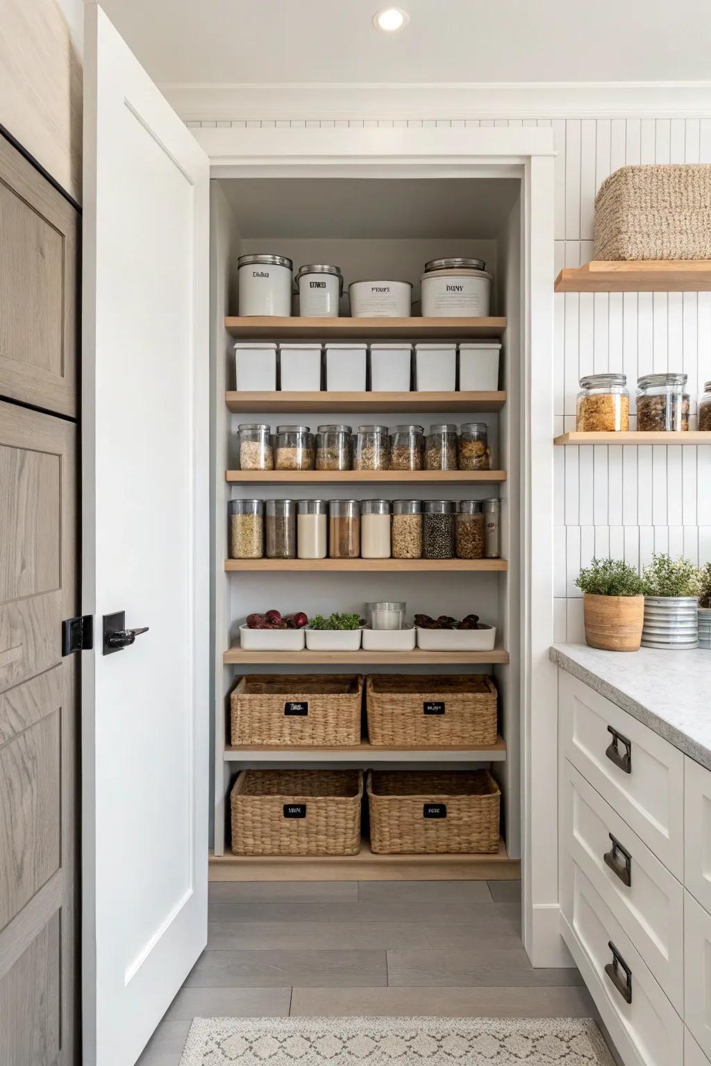 A minimalist design assures a clutter-free pantry look.