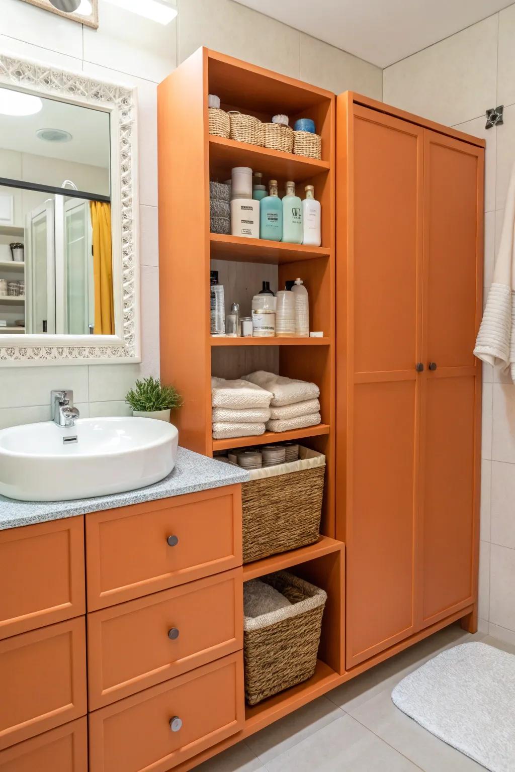 Citrus storage cabinets keep the bathroom organized and colorful.