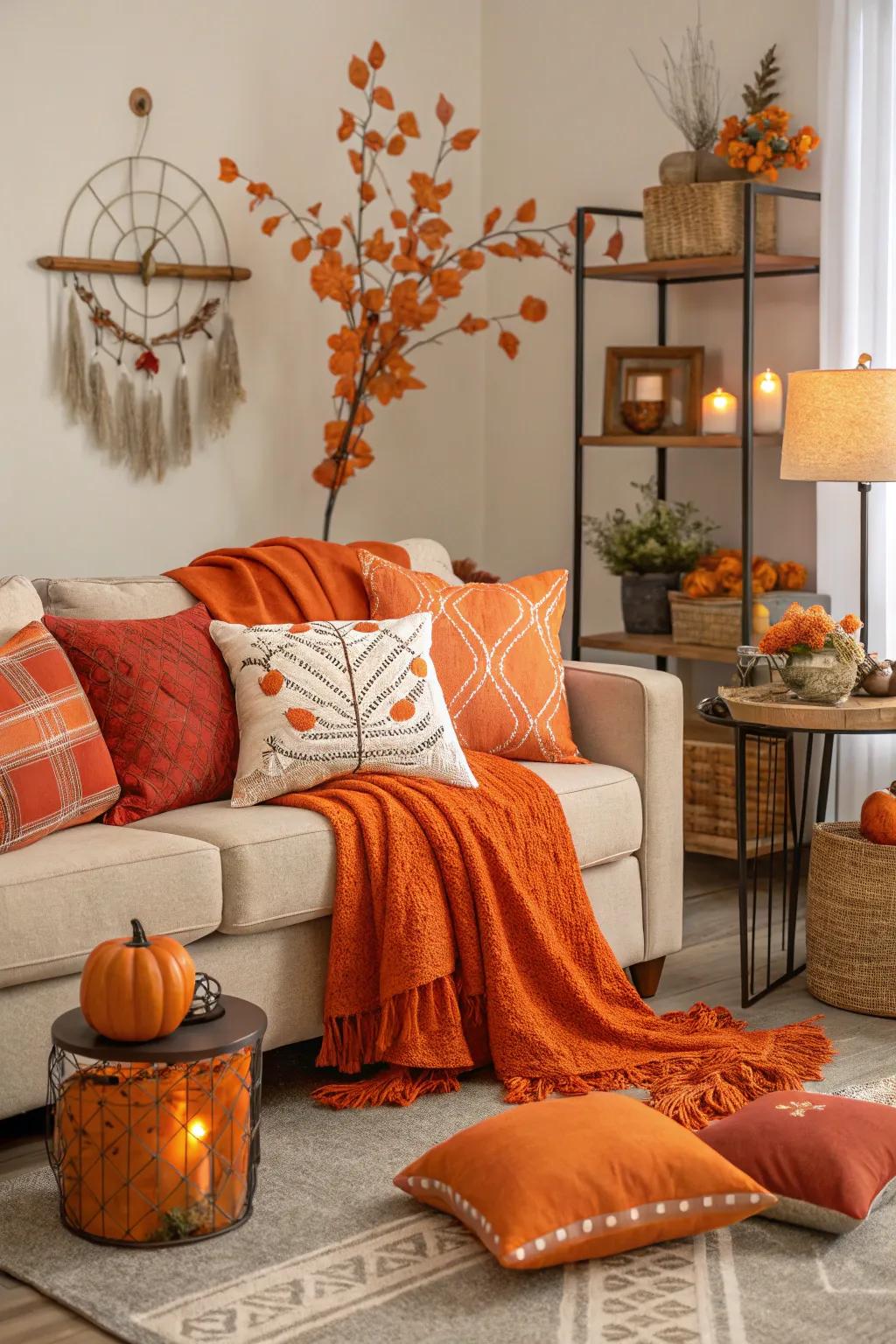 Seasonal tangerine ornamentation sustains the space's lively and vibrant mood year-round.