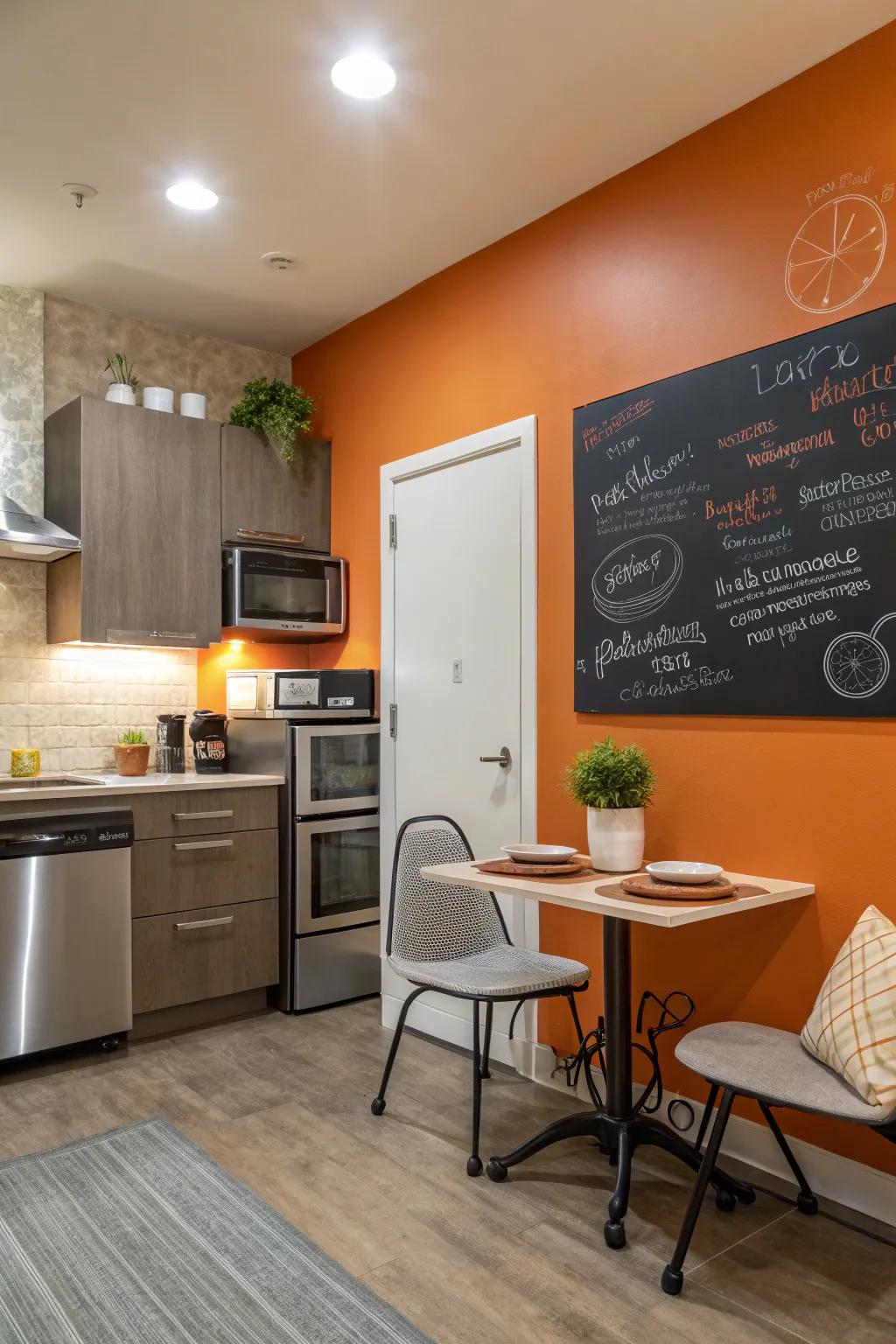 A cooking area mixes fun and function with a tangerine chalkboard wall.