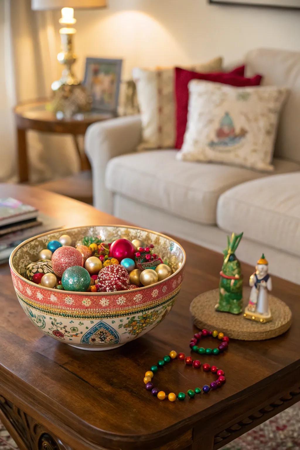 A straightforward yet striking bauble basin centerpiece.