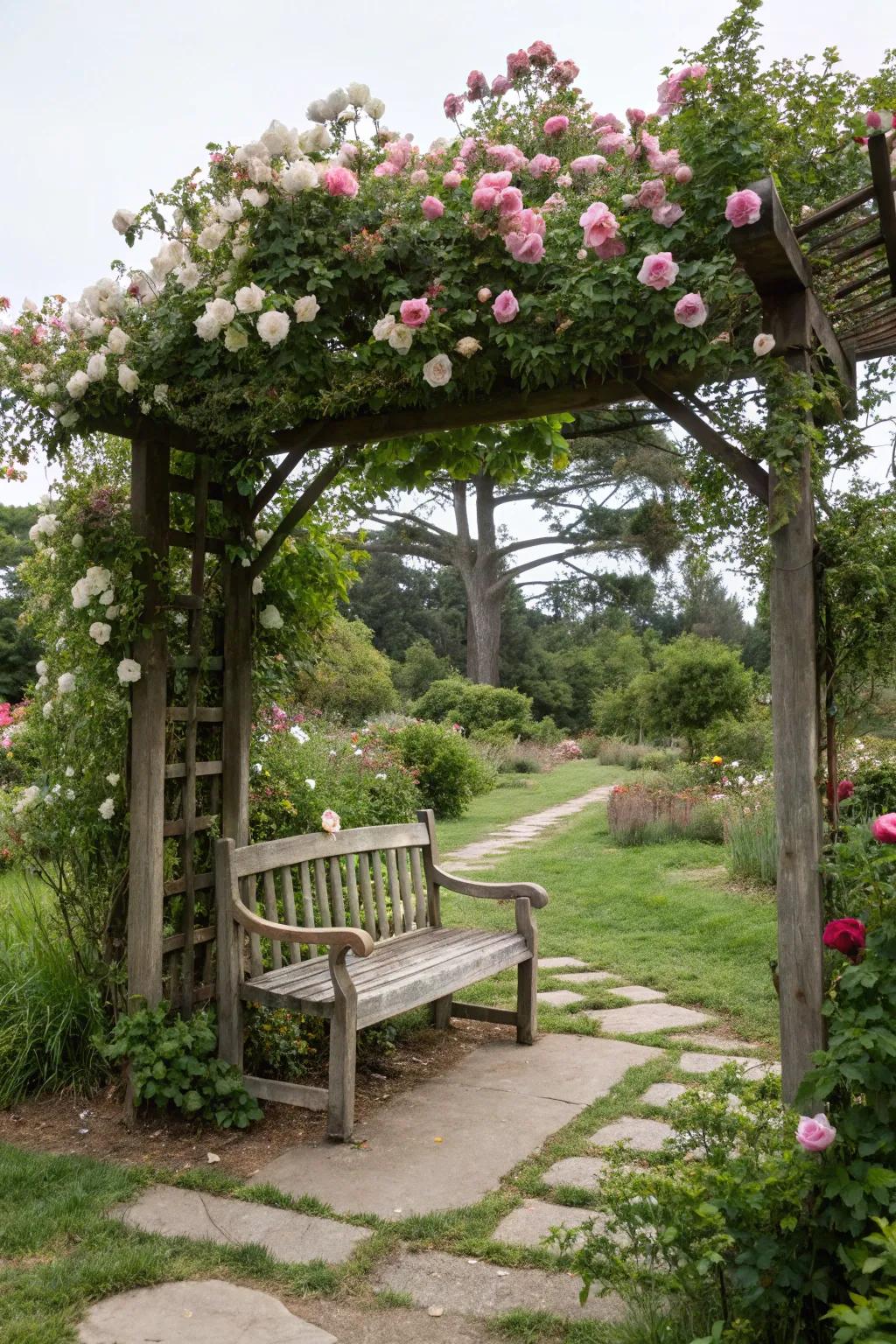 An arbor with climbing roses frames this charming bench.