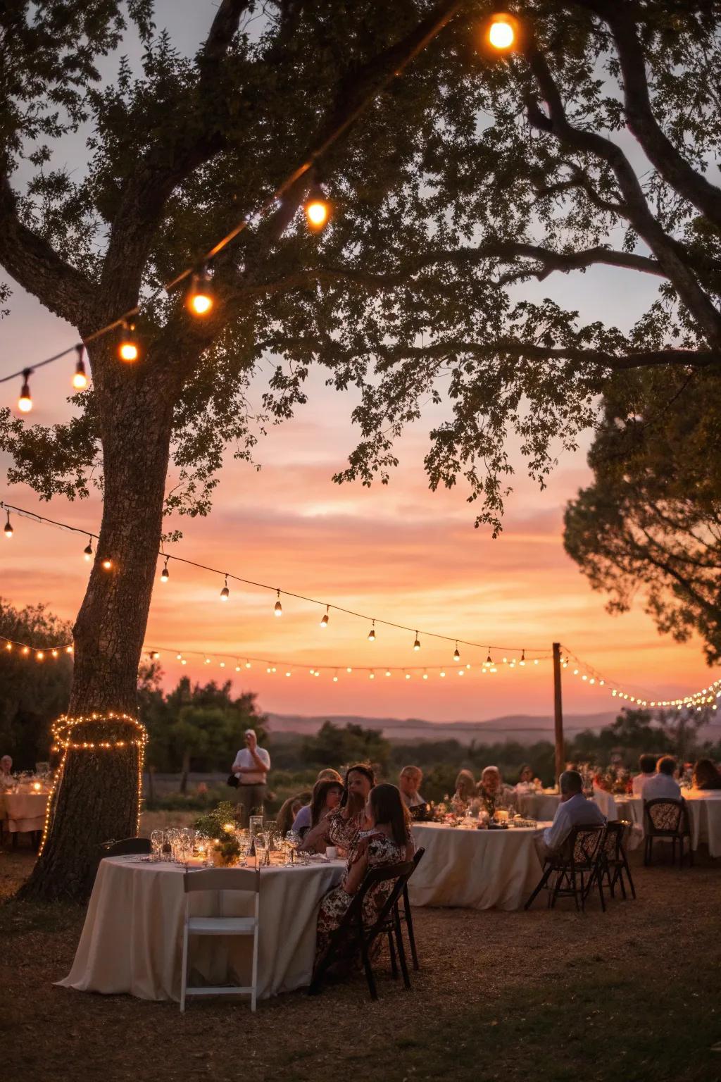 Twinkle lights introduce a magical glow to a night celebration.