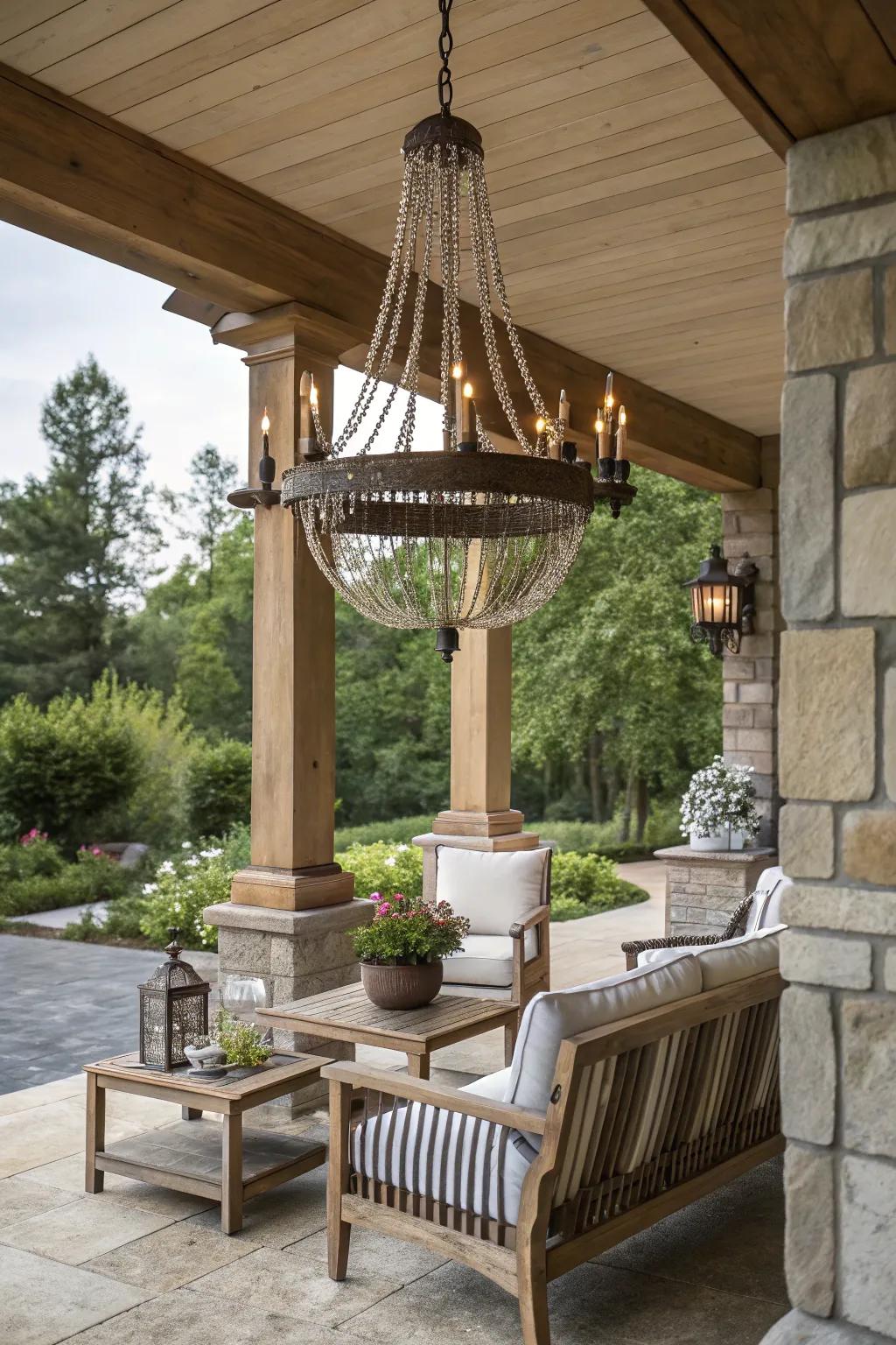 Craft natural concord with a timber and stone chandelier.