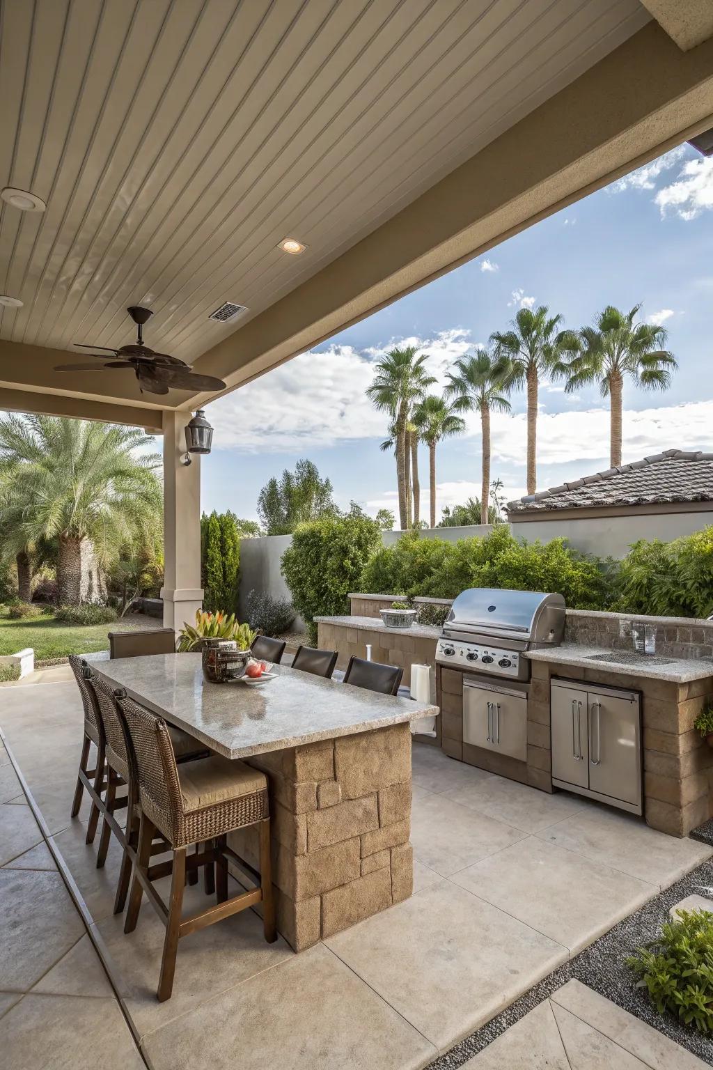 A covered dining area offers protection and comfort.