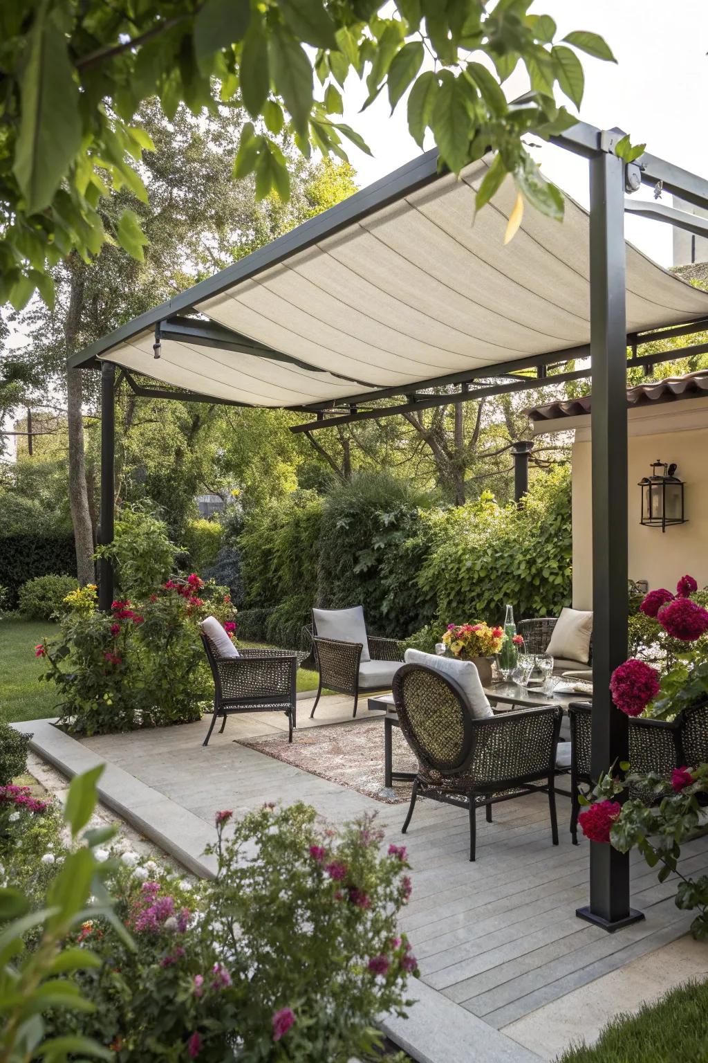 A rollaway awning furnishes shade and flexibility for your outdoor sanctuary.