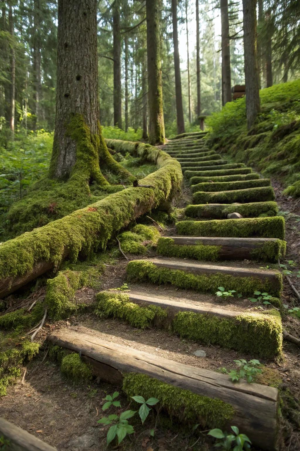 Mossy timber steps merge forest beauty with functional garden design.