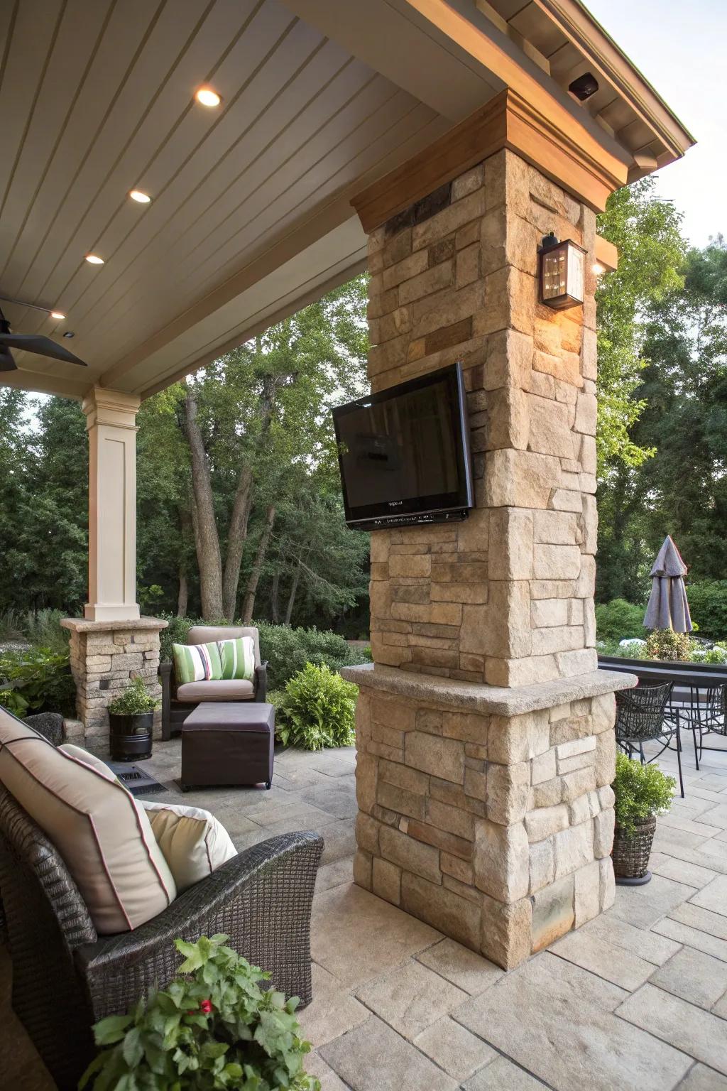 A custom display integrates the TV into the patio’s architecture.