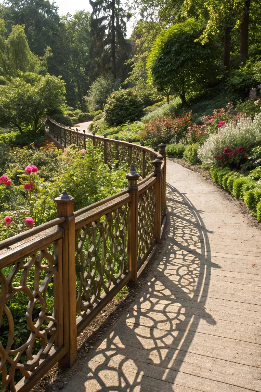 Decorative wooden panels add character to walkway railings.