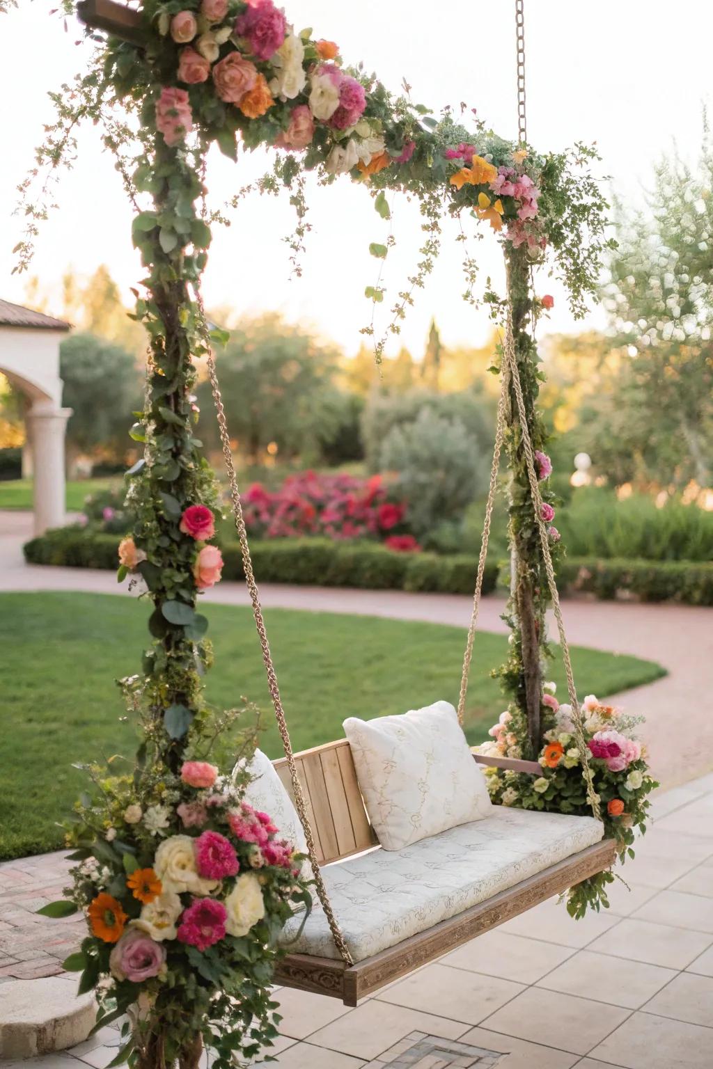 Fashion romance using a blossom-adorned swing.