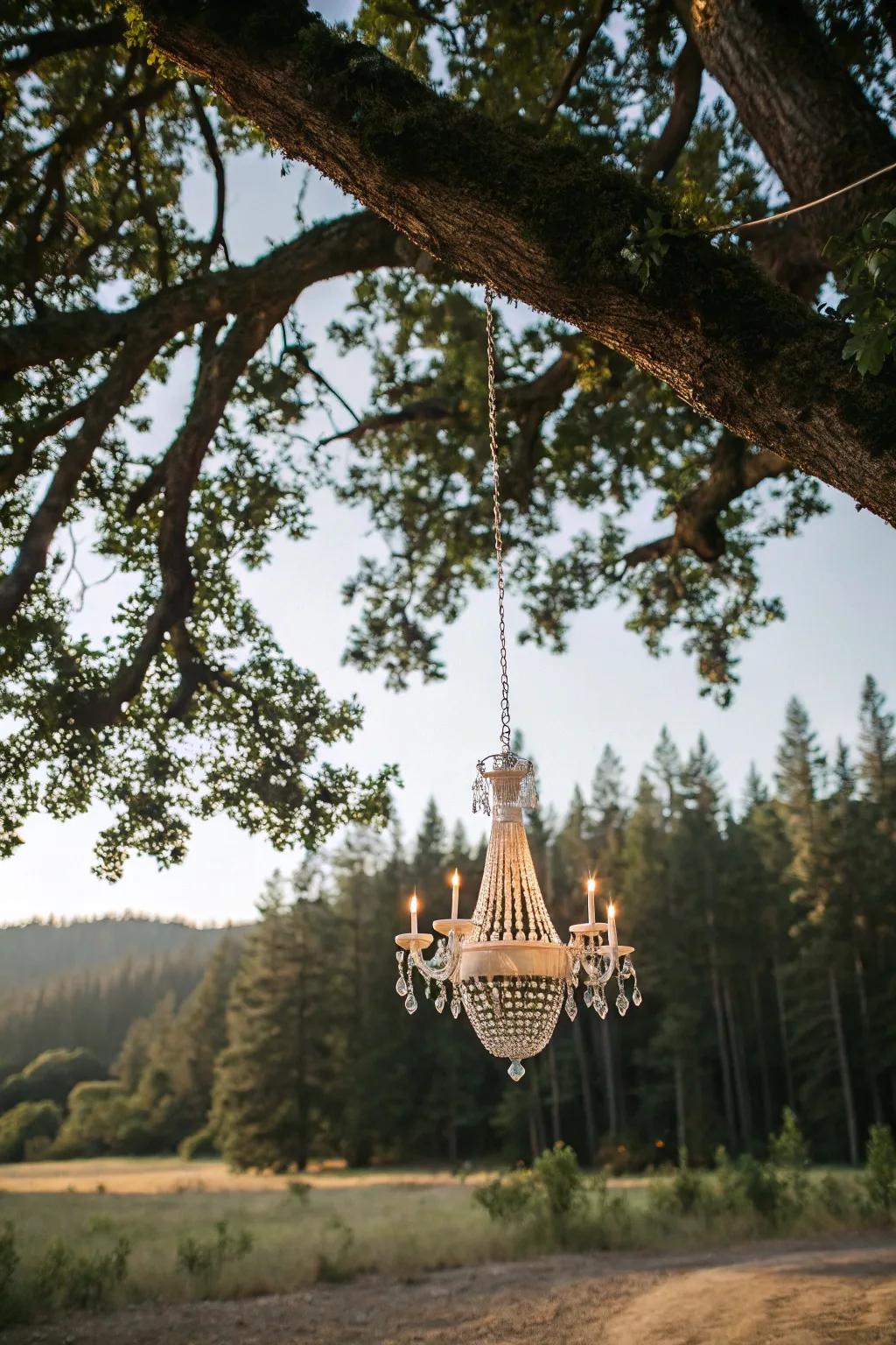 Outdoor elegance by chandelier.