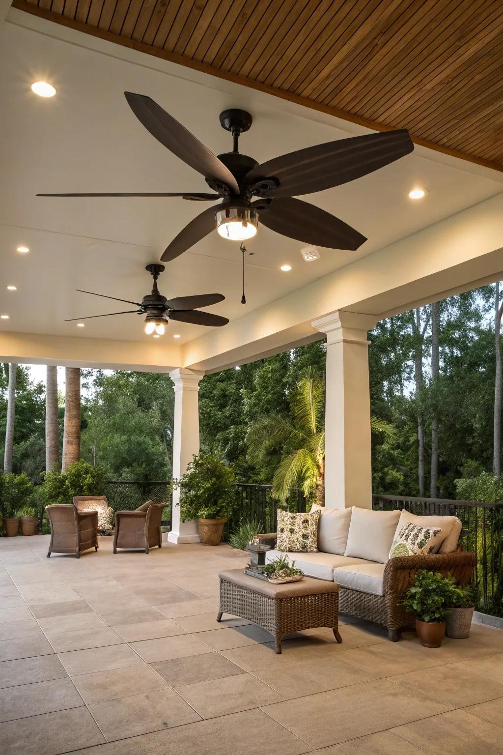 A dynamic patio featuring a dual motor ceiling fan for enhanced airflow.