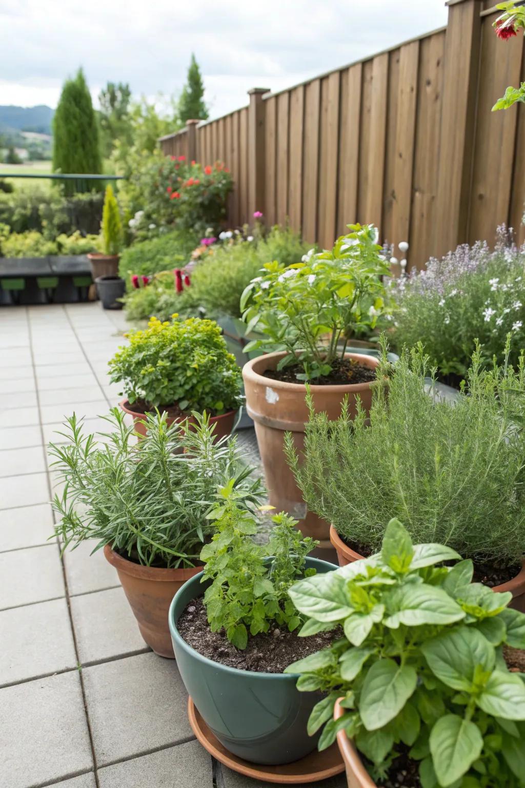 A vibrant herb garden adding fragrance to a patio.