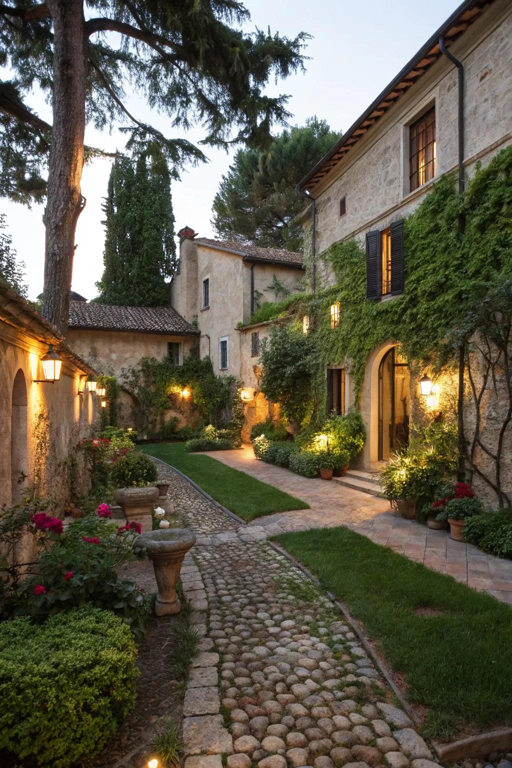 Exterior lighting transforms the garden into a magical nighttime retreat.