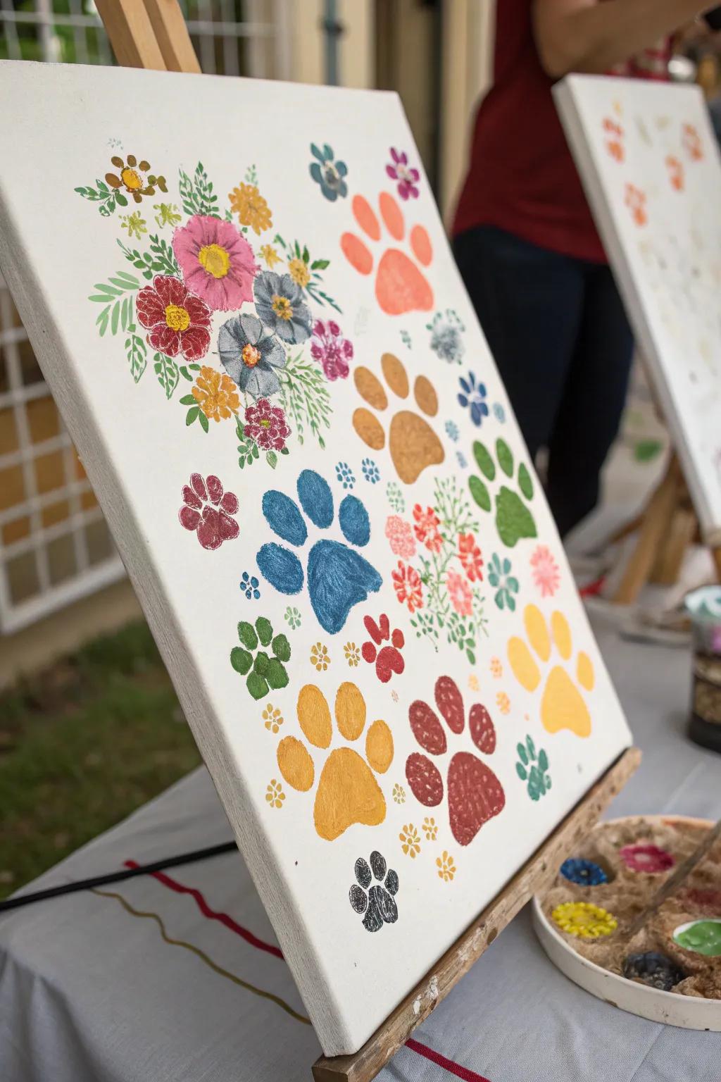 Floral designs created utilizing colorful pet paw prints.