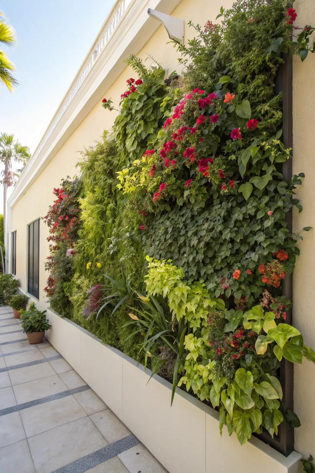 A vertical garden creates a lush focal point.