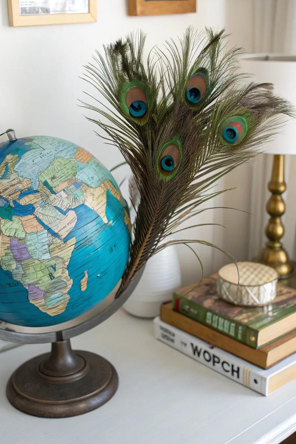 A travel-inspired centerpiece featuring an earth and avian plumage.