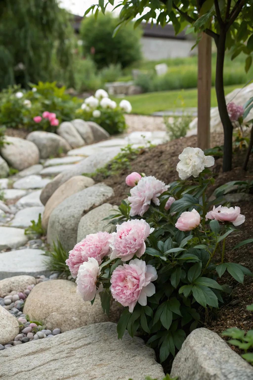 A rustic-chic garden showcases peonies and stone elements.